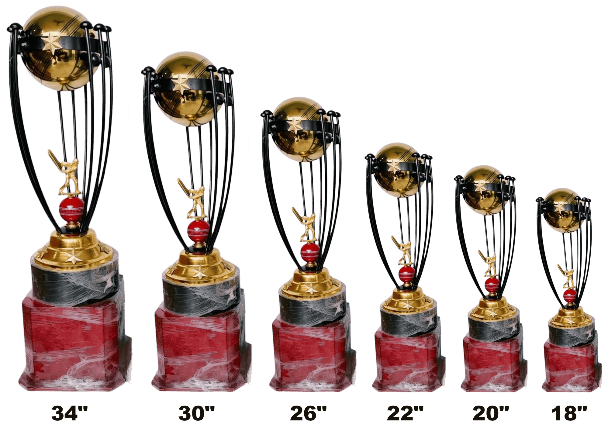 Gold Globe Trophy 1047 - gold ball with a star in a black wire cage above a batsman figure and red cricket ball, on a red plinth, six heights from 18 to 34 inch
