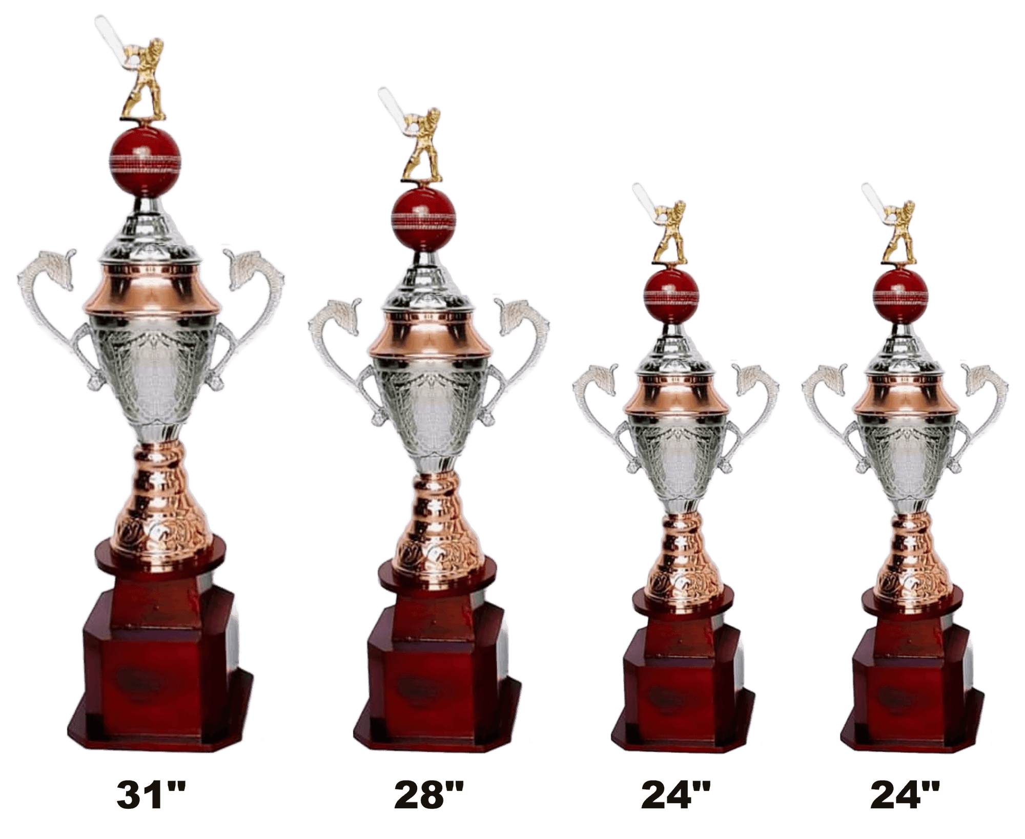 Cricket Cup 1050 - gold batsman figure above a red cricket ball on an engraved silver urn, on a rosewood hexagonal base