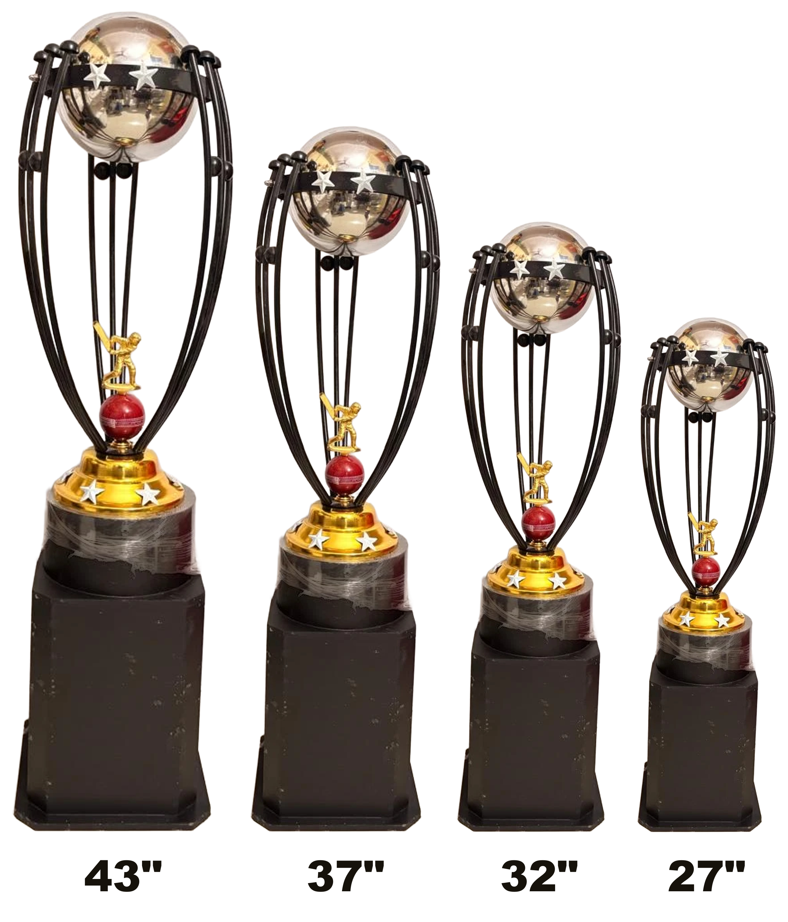 Big Silver WC Trophy - chrome ball with white stars held inside a tall closed black wire cage, above a gold batsman figure and a red cricket ball, on a gold star-studded dome and a tall black hexagonal base, set of four, heights 27 to 43 inch