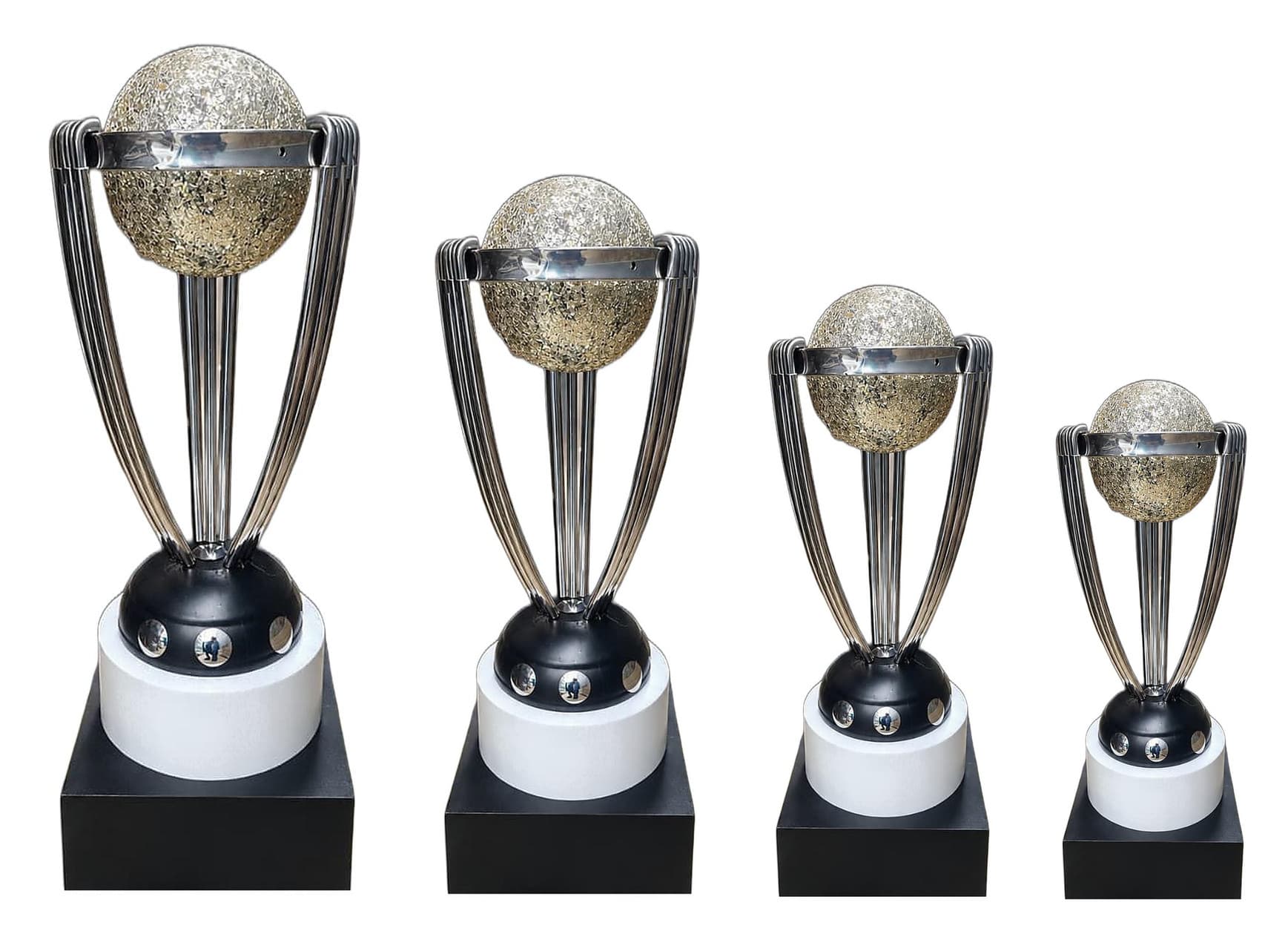 Cricket Silver Globe Trophy on chrome stems, shown as a set of four descending sizes