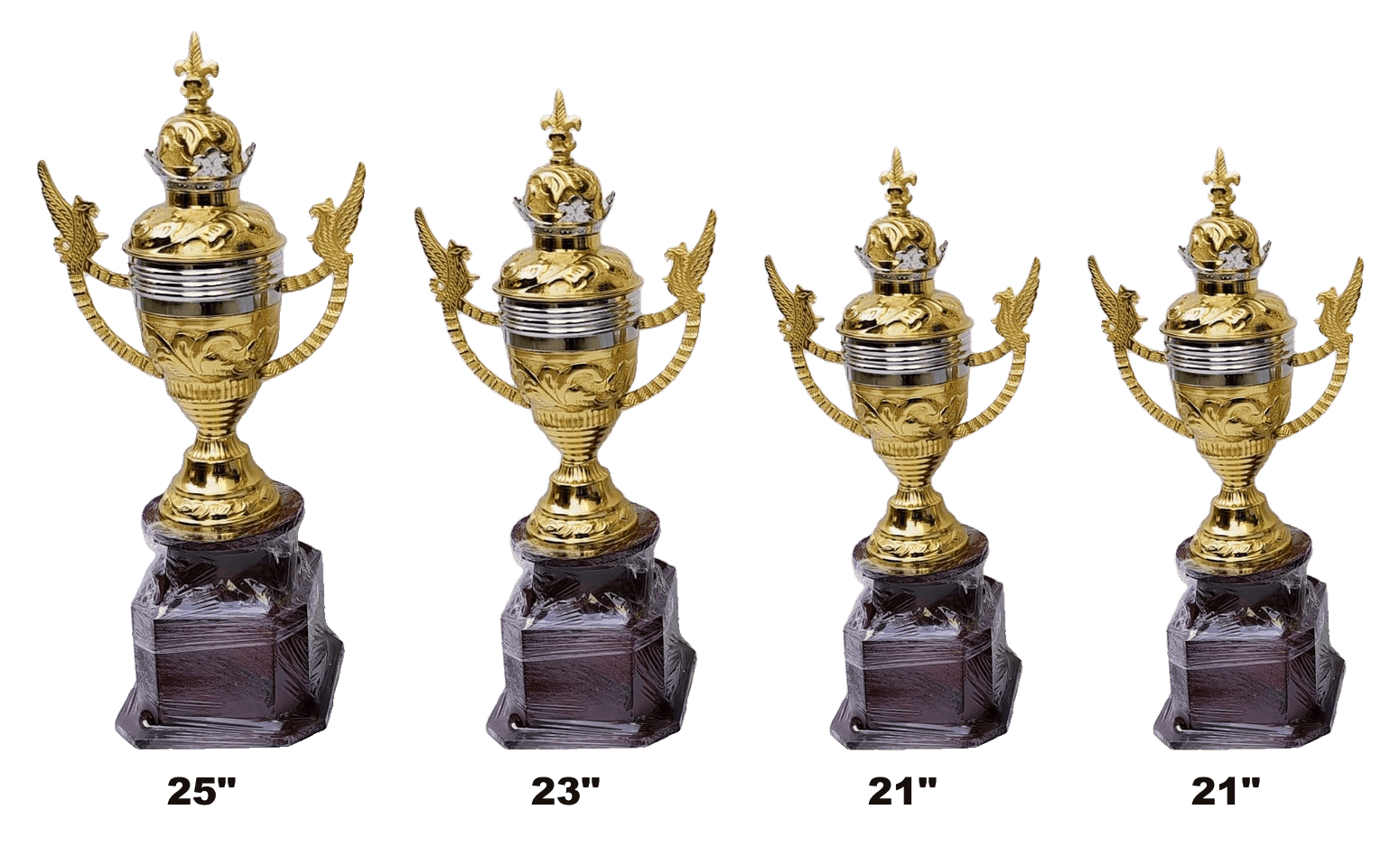 Eagle Crown Cup 1028 - gold cup with eagle wing handles and crown lid on a dark wooden base