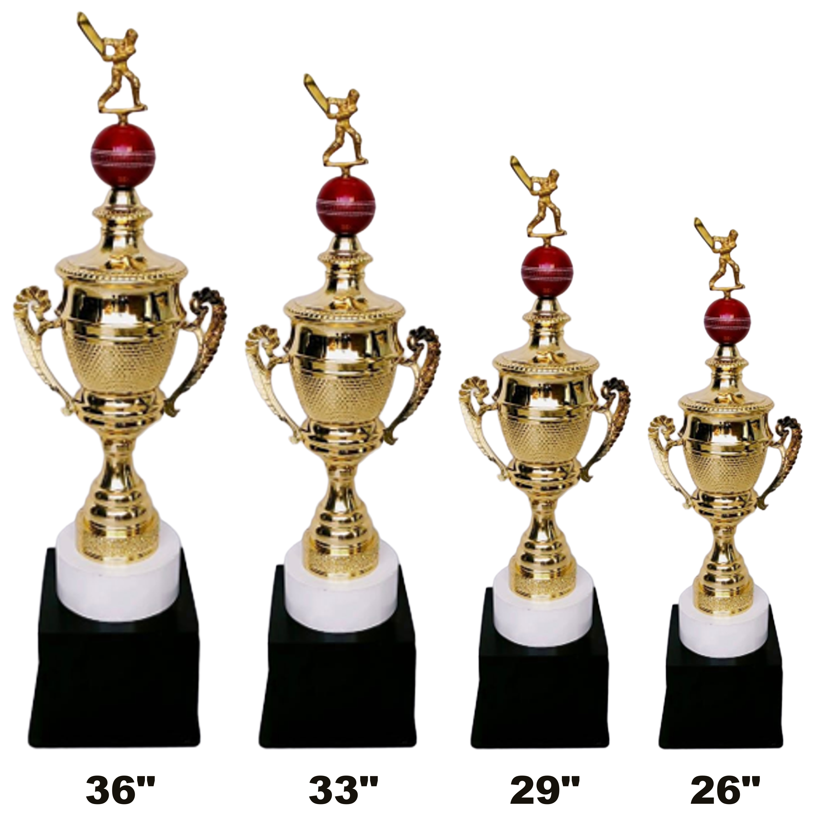 Batsman Cup 1076 - gold cricket batsman figure on a red cricket ball above a gold loving cup with laurel handles, on a white marble disc and a black block base, set of four, heights 26 to 36 inch
