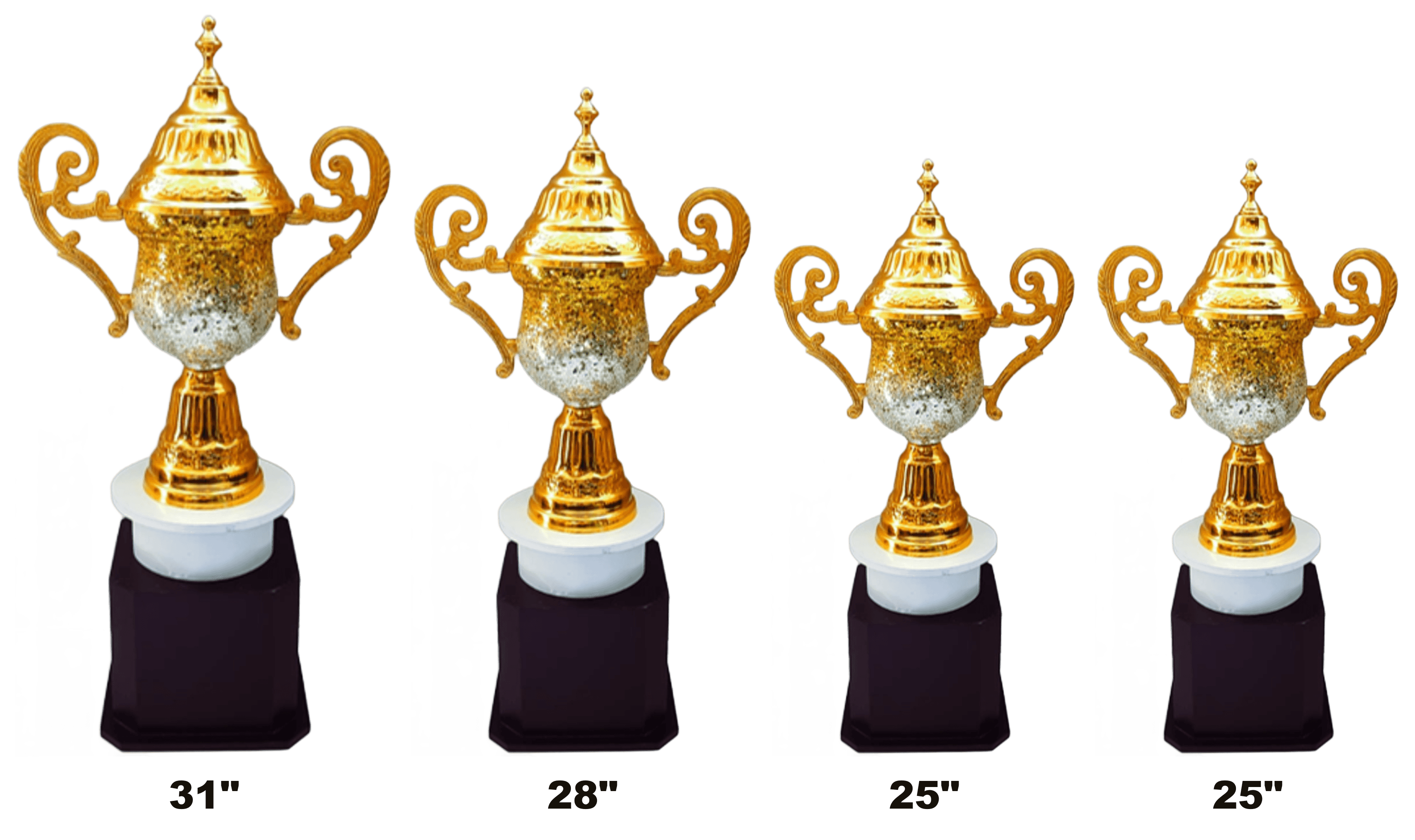 Glitter Cup 1117 - gold loving cup with a ribbed domed lid and finial, gold and silver glitter bowl and ornate gold scroll handles, on a white disc and a dark brown hexagonal base, set of four, heights 25 to 31 inch