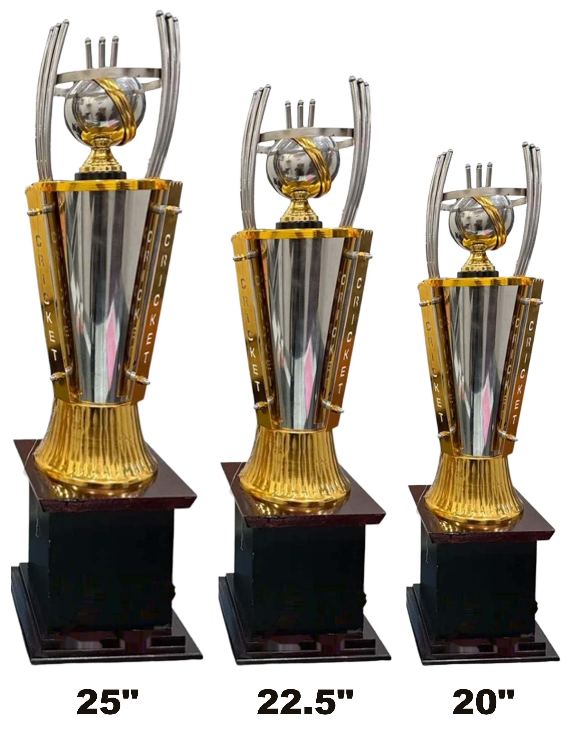 Mini Cricket Cup 1901 - silver globe with wickets in a silver cage above a silver cone with gold CRICKET panels, on a fluted gold foot and a black block base, set of three, heights 20 to 25 inch