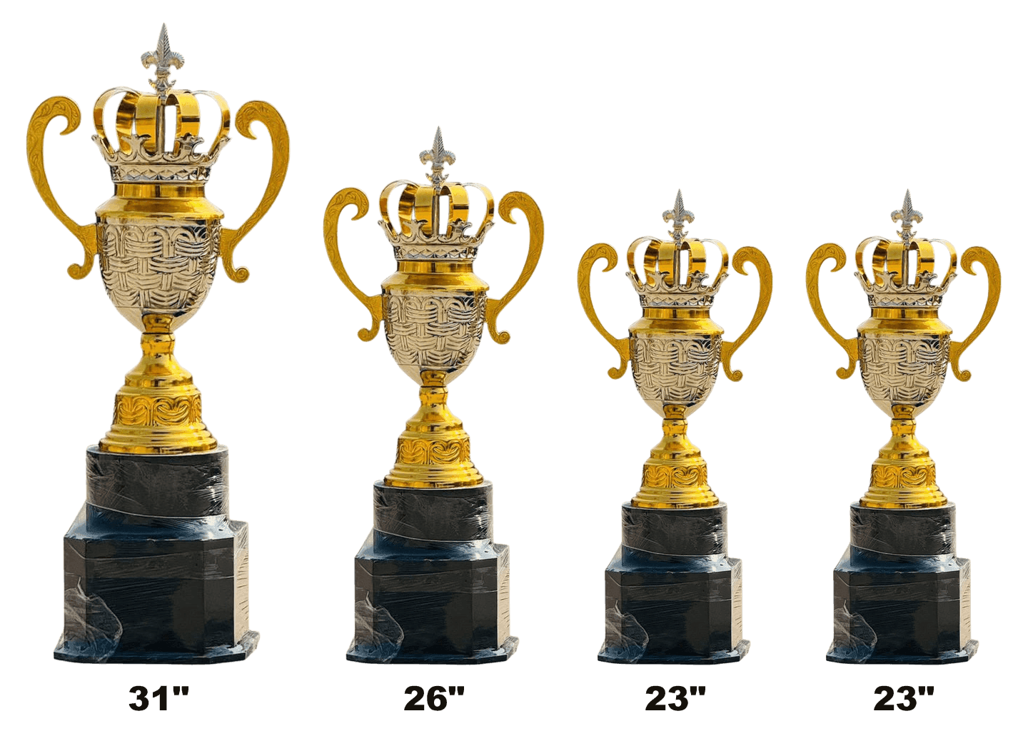Royal Crest Cup 774 - line-up of four gold crowned cups on black bases, 23 to 31 inch