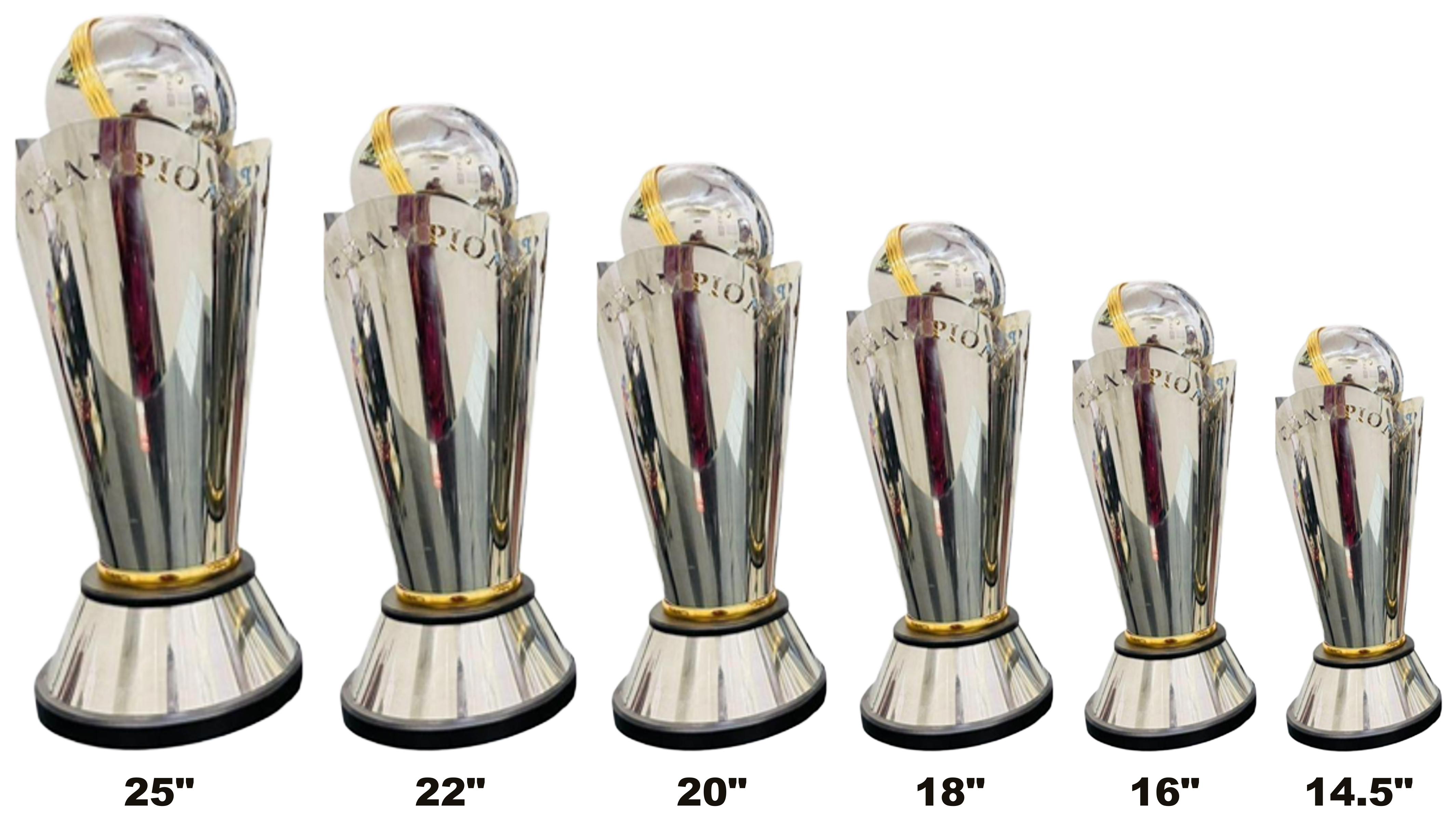 Champions Cup 901 - polished silver cone embossed CHAMPIONS with a silver ball and gold band on top, a gold ring at the waist and a black disc base, set of six, heights 14.5 to 25 inch