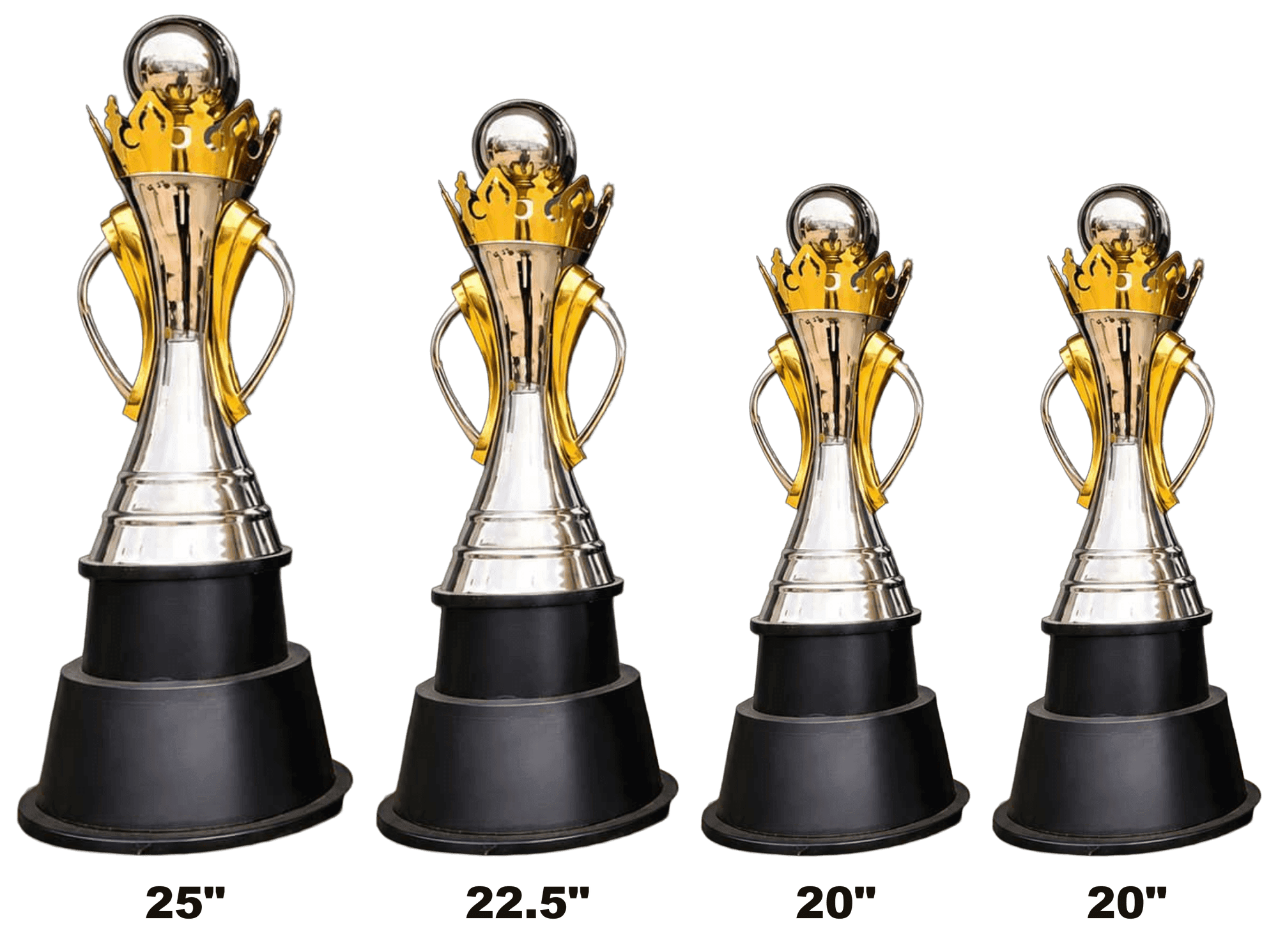 AFC Cup - chrome ball above a gold flame crown on a silver and gold cone with gold wing handles, on a black tiered base