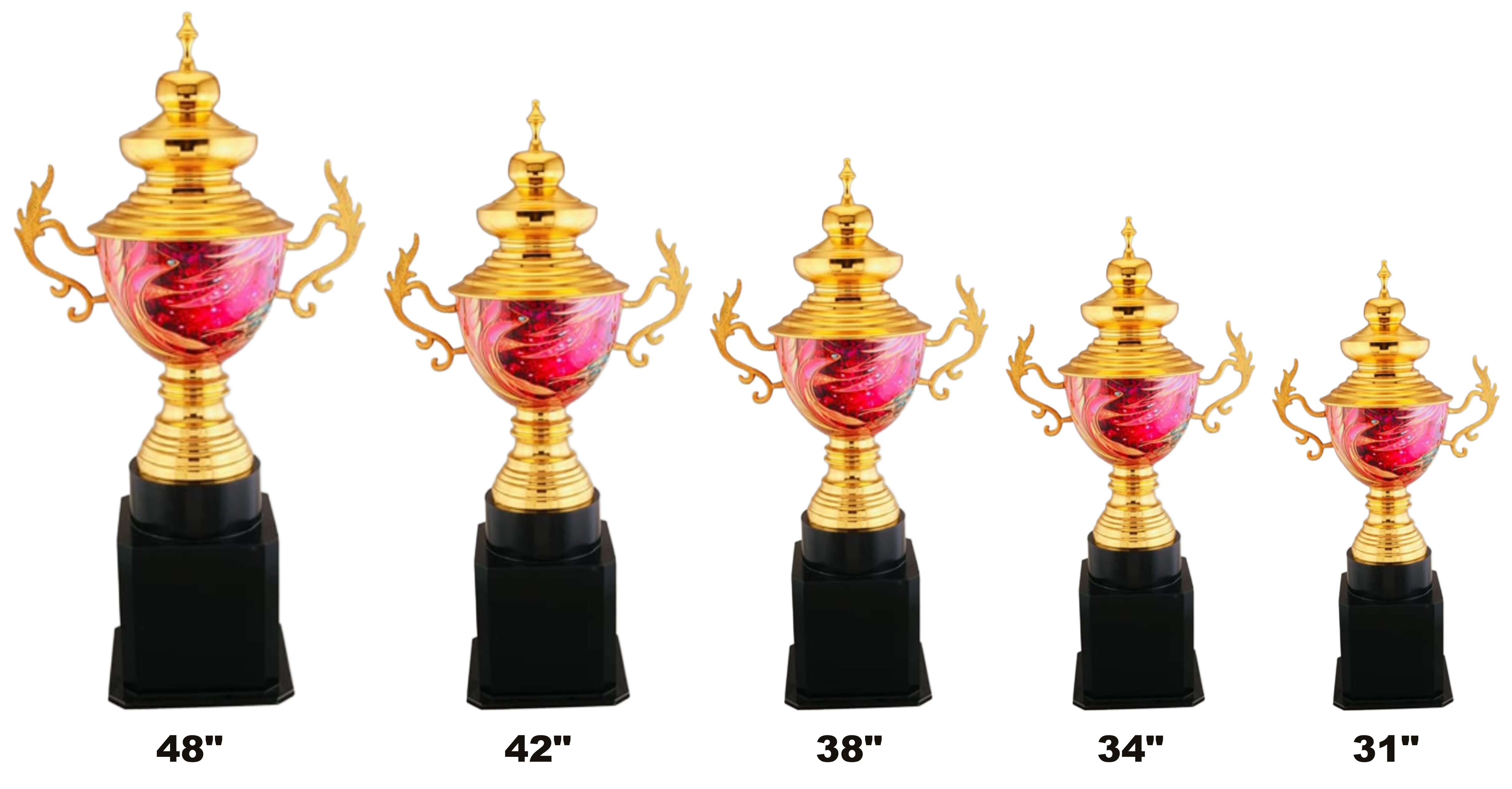 Armani Cup - gold lidded cup with a swirled rose and pink glass bowl and ornate gold scroll handles, on a ribbed gold stem and a black block base, set of five, heights 31 to 48 inch