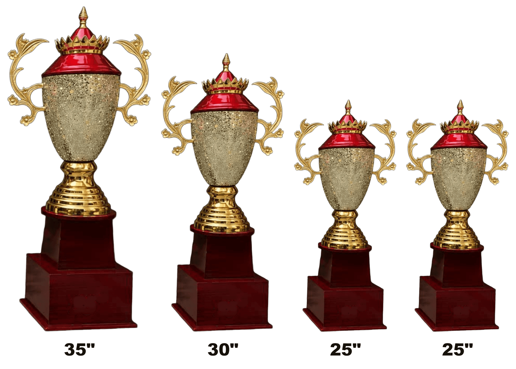Cracker Cup - gold glitter urn with a red crown lid and gold filigree handles on a rosewood base