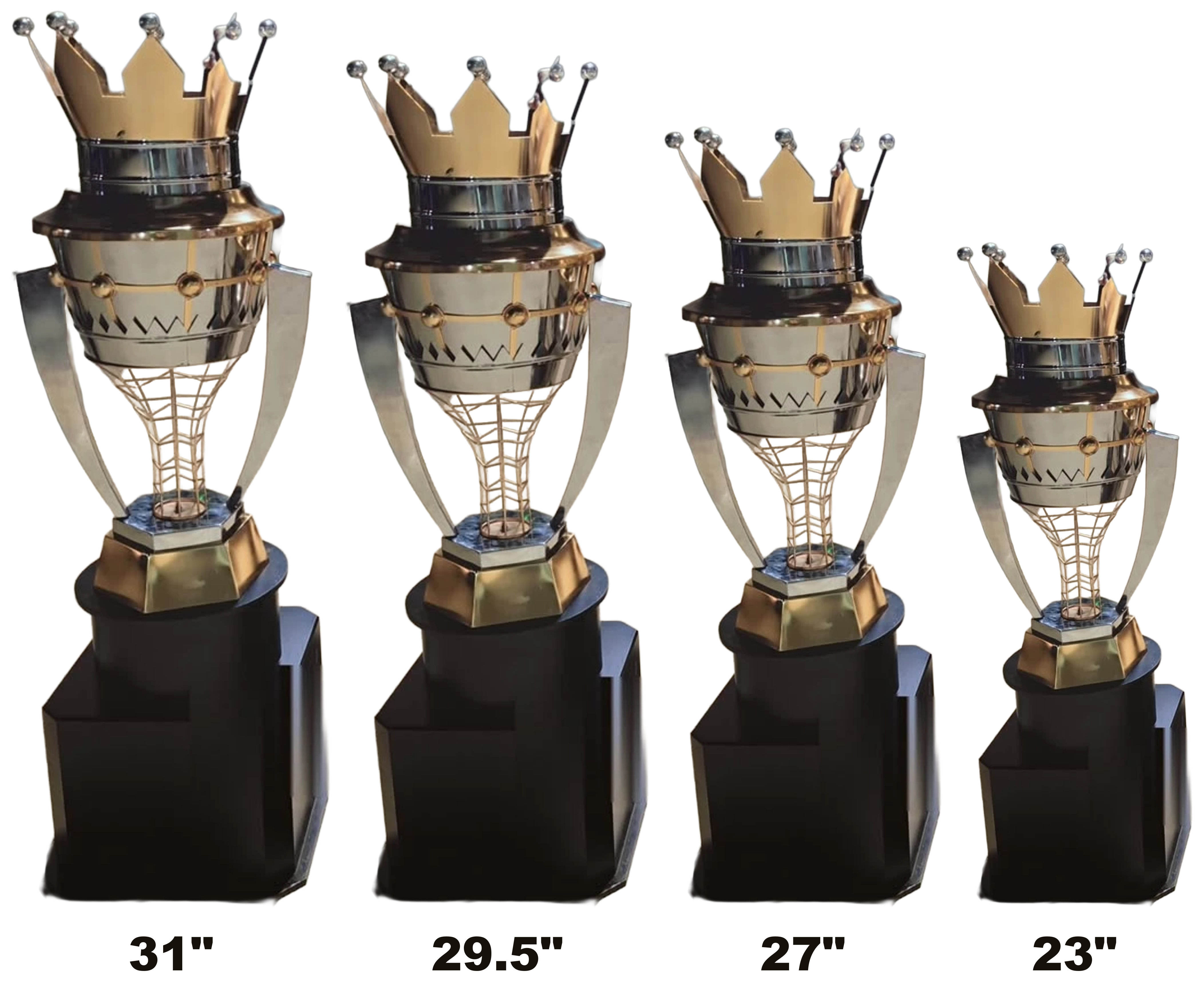 Small Eiffel Tower Trophy - gold crown with ball-tipped spikes over a chrome urn with a gold chevron band, above a gold lattice cone shaped like the Eiffel Tower, flanked by two polished silver wings, on a gold hexagonal plinth and a black stepped base, set of four, heights 23 to 31 inch