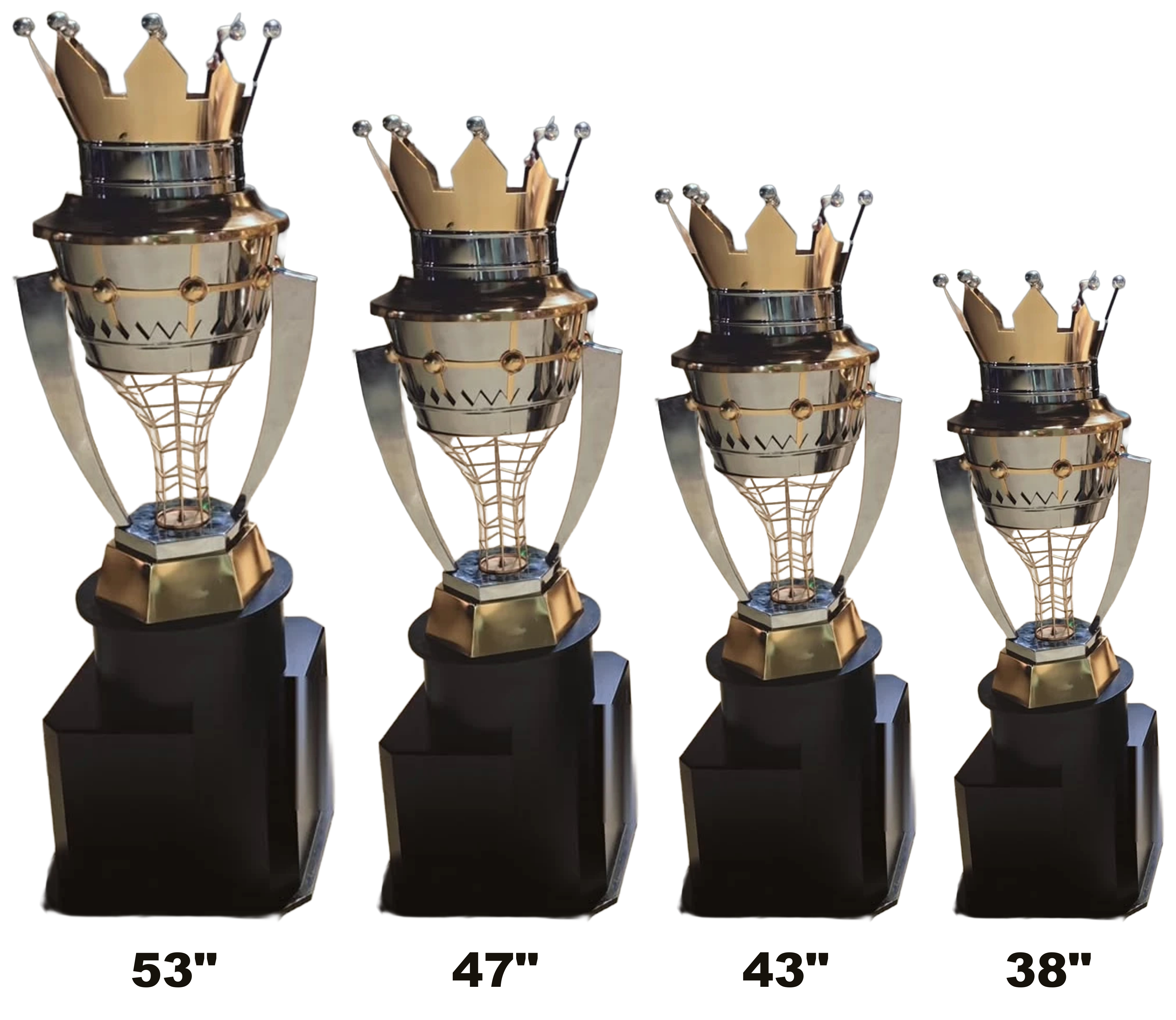 Eiffel Tower Trophy - tall gold crown with ball-tipped spikes over a chrome urn with a gold chevron band, above a gold lattice cone shaped like the Eiffel Tower, flanked by two polished silver wings, on a gold hexagonal plinth and a tall black stepped base, set of four, heights 38 to 53 inch