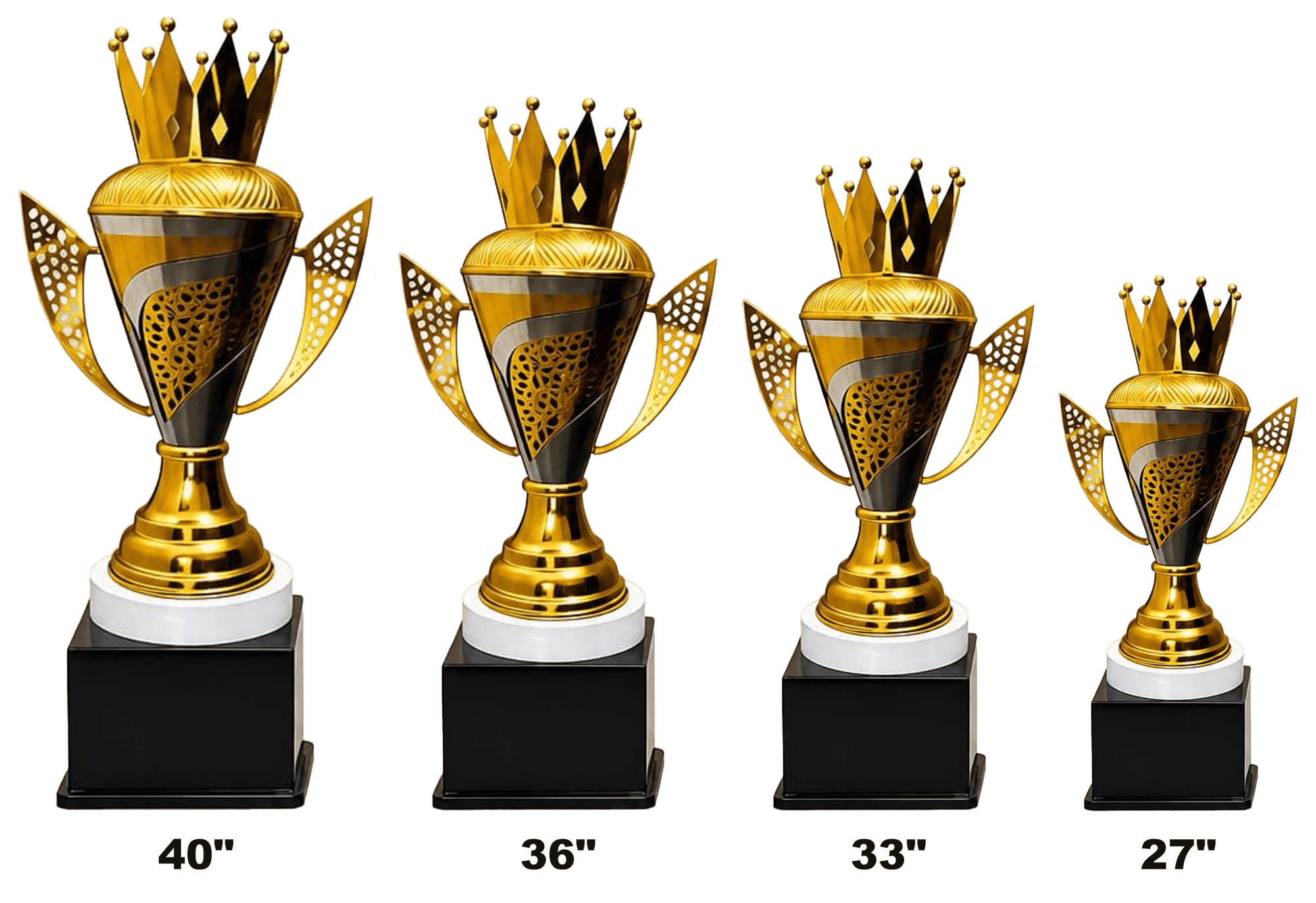 King Cup - gold crown above a black and gold cone with filigree window and pierced gold wings, four heights from 27 to 40 inch