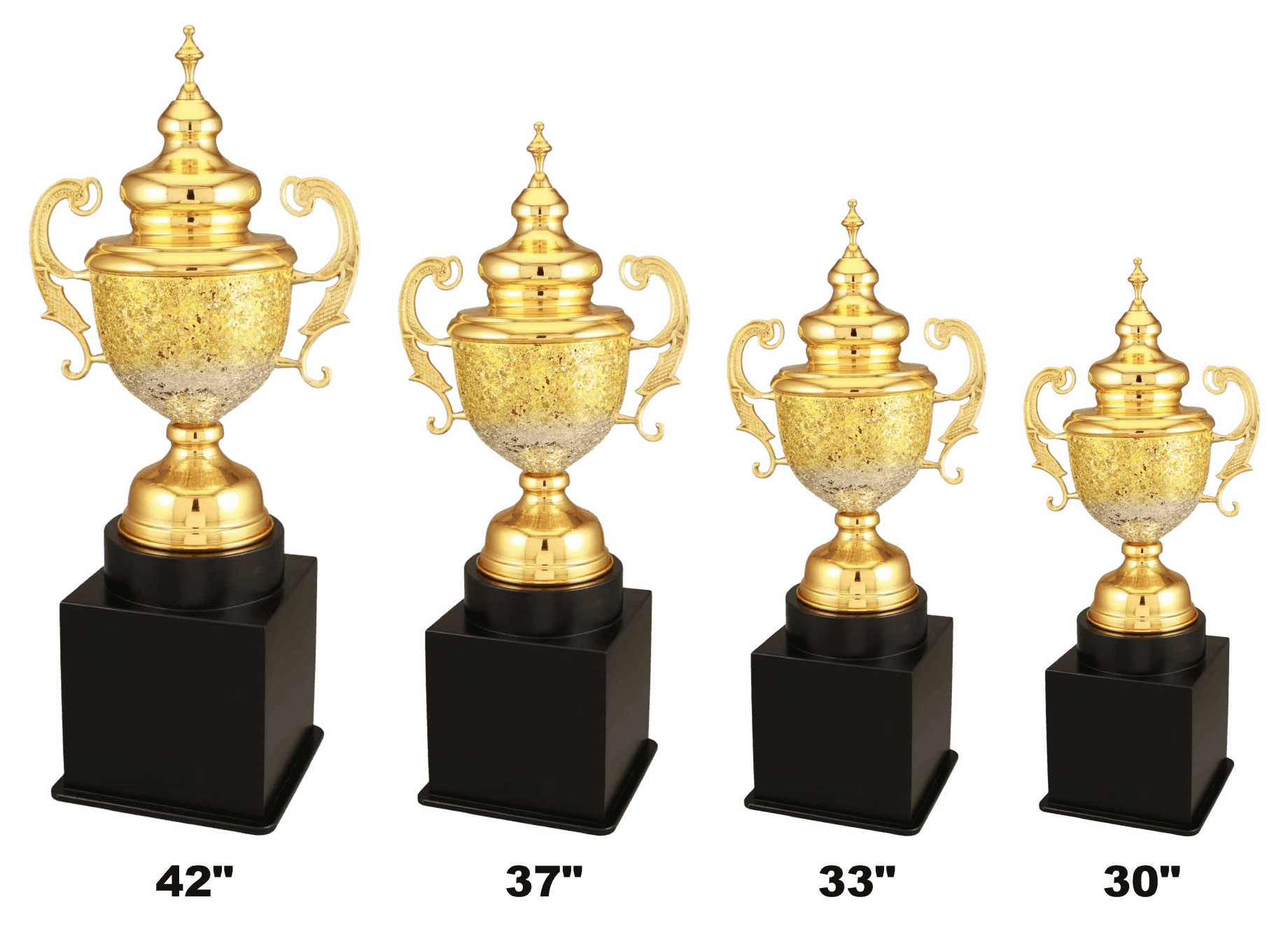 Krish Cup - gold cup with glitter body and ornate handles on a black base, set of four, 30 to 42 inch
