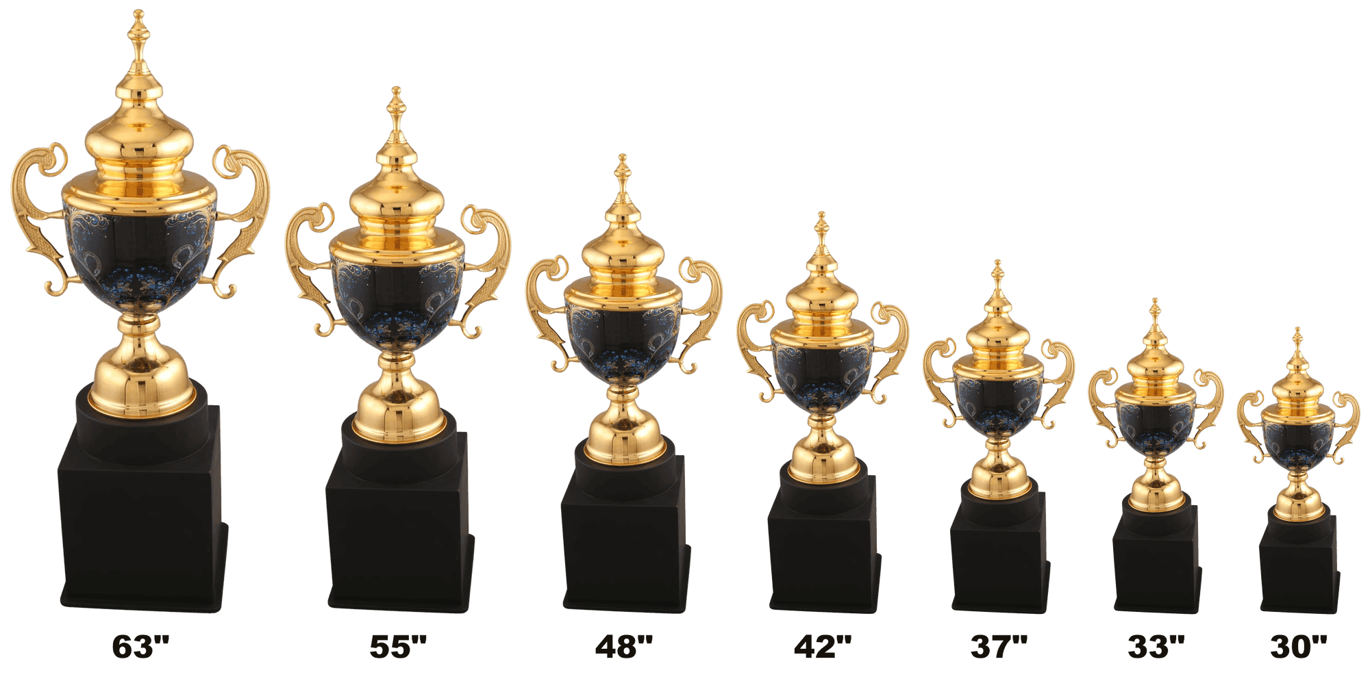 Krishna Cup - gold cup with a blue and black enamel body and ornate gold scroll handles, seven heights from 30 to 63 inch