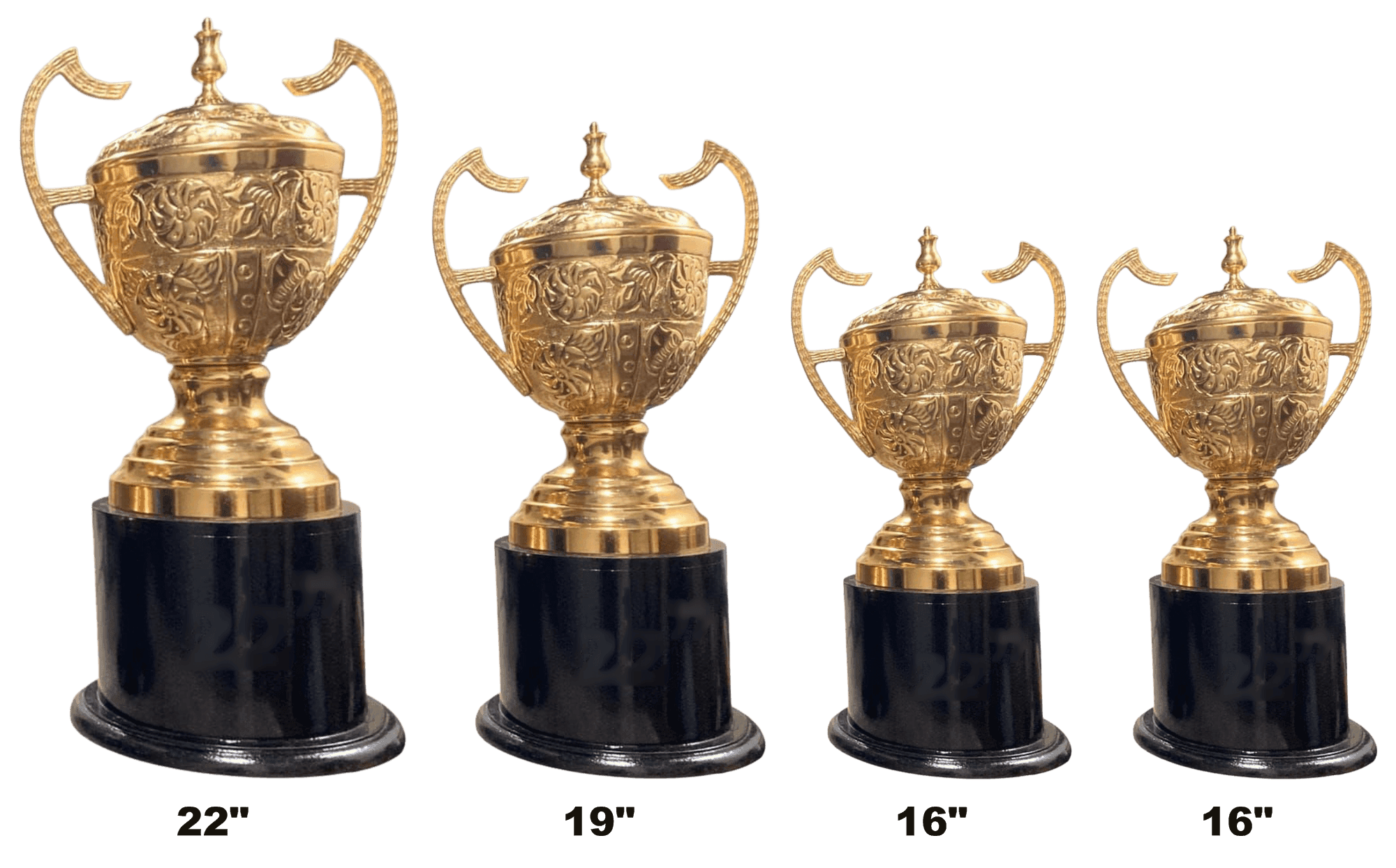 M-25 Cup - ornate gold floral-embossed cup with domed lid and open ribbon handles on a black cylinder base