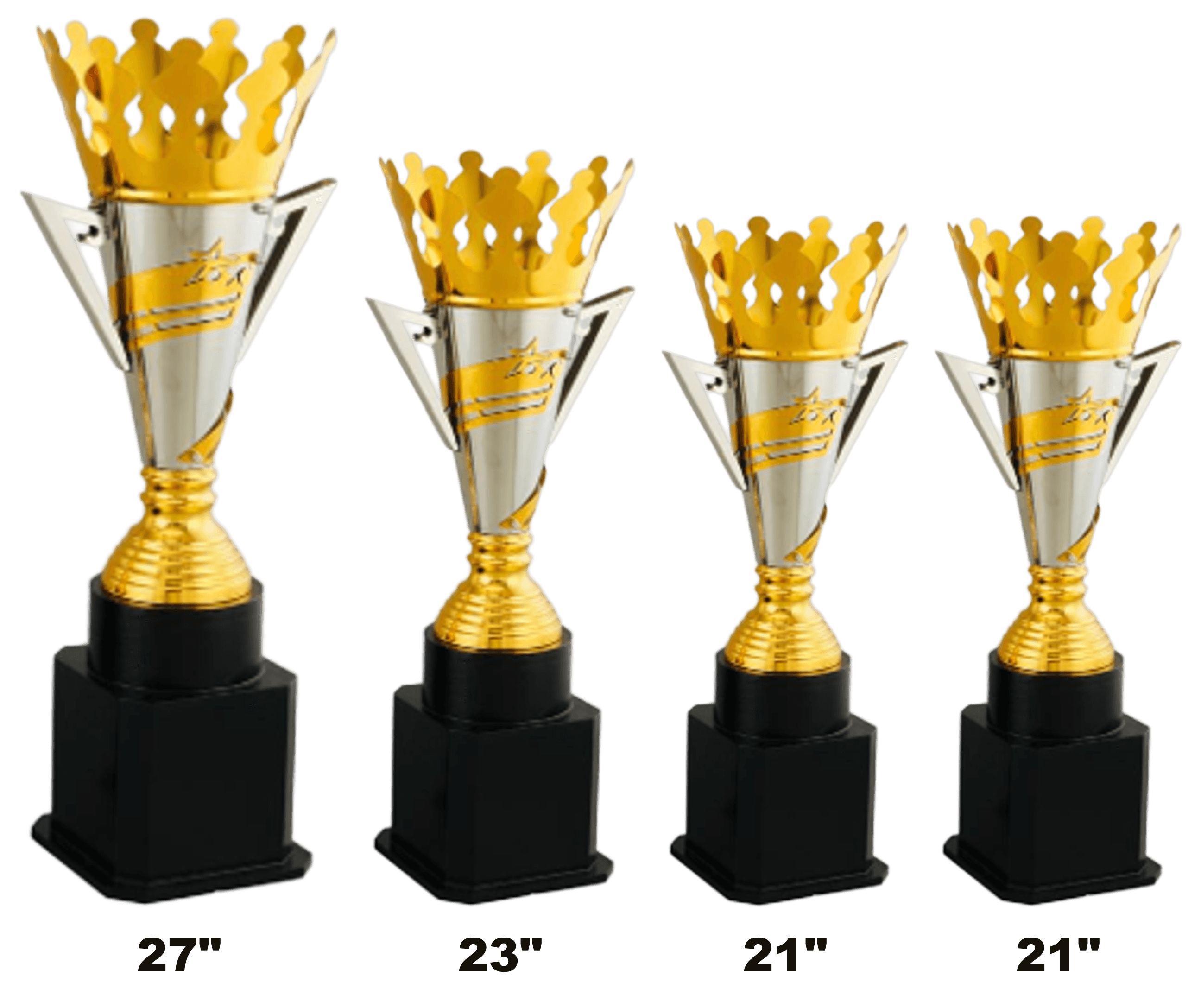 Mini Spiral Cup - tall gold crown over a silver cone with a gold spiral band and crown motif, flanked by two silver wing fins, on a ribbed gold foot and a black block base, set of four, heights 21 to 27 inch