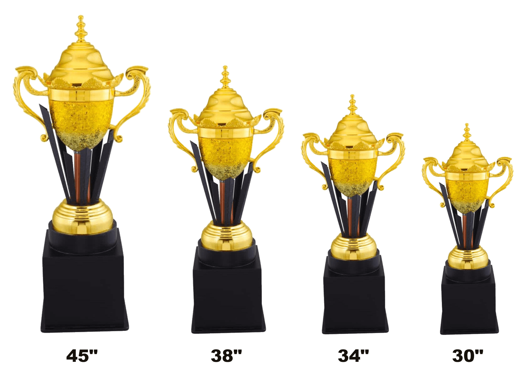 Mirror Cup 513 - gold cup with black fin column on a black base, seven heights from 30 to 63 inch