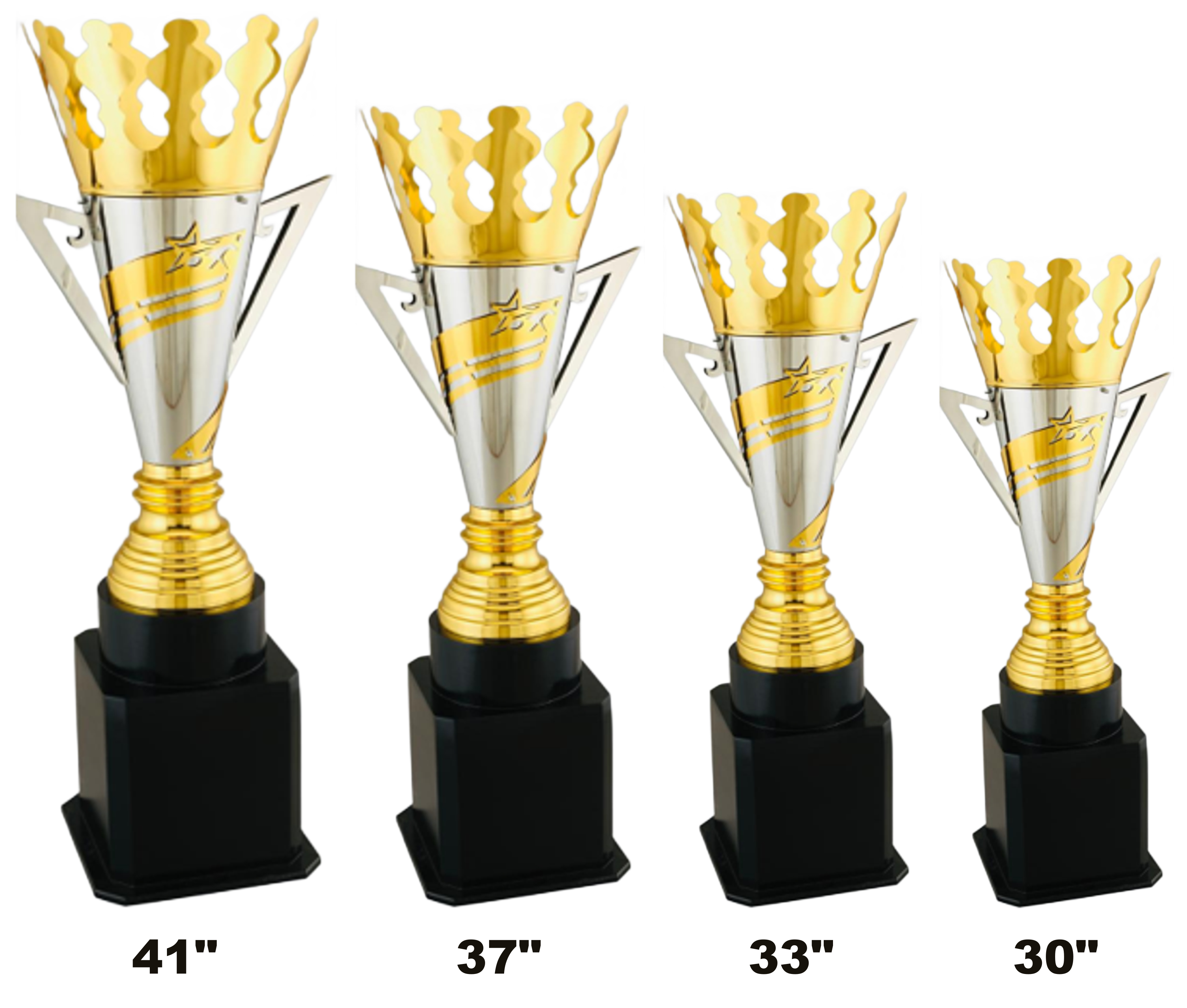 Spiral Cone Cup - tall gold crown over a silver cone with a gold spiral band and crown motif, flanked by two silver wing fins, on a ribbed gold foot and a black block base, set of four, heights 30 to 41 inch