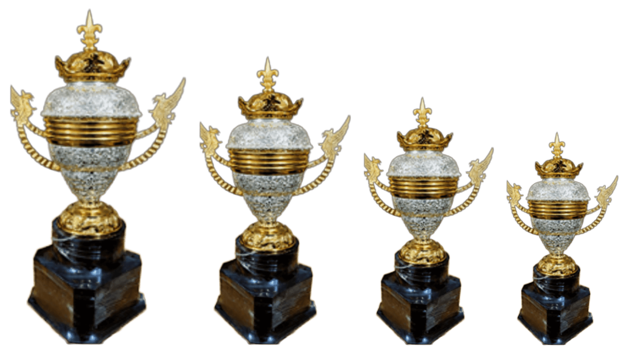 Crest Cup - silver glitter urn banded in gold with a gold crown lid and winged gold handles, on a black base, set of four